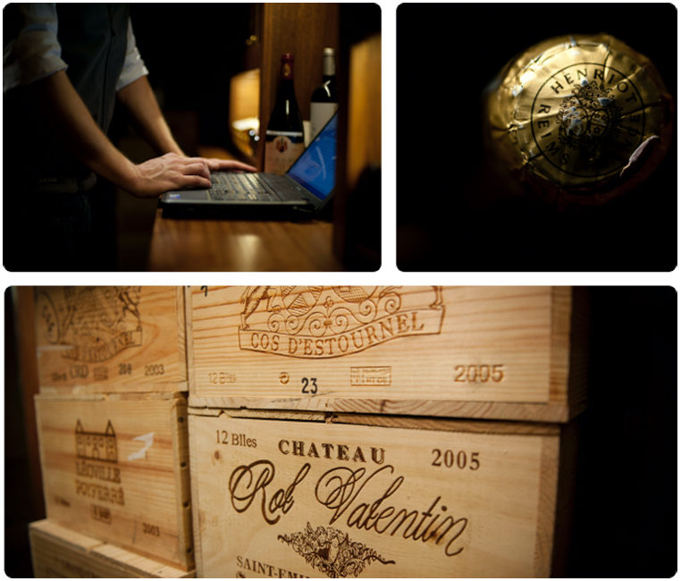 A collage of three photos, including wooden wine crates, a man using a laptop to inventory wine, and a cork.